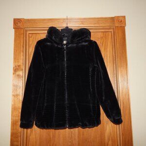 Women's Size Large L GALLERY Black Plush Soft Faux Fur Trim Hooded Coat Jacket